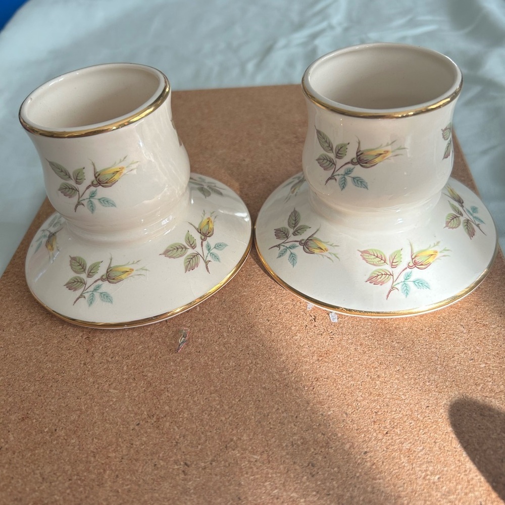 Two vintage Prinknash Abbey Pottery candleholders stamped- yellow roses-